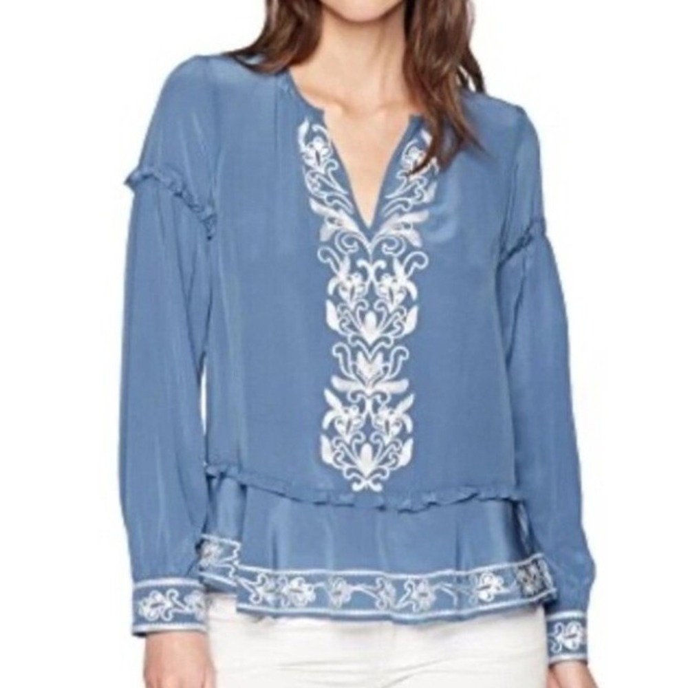 Parker Blouse Women Extra Small Blue Silk Embroidered Boho Ruffle V-Neck